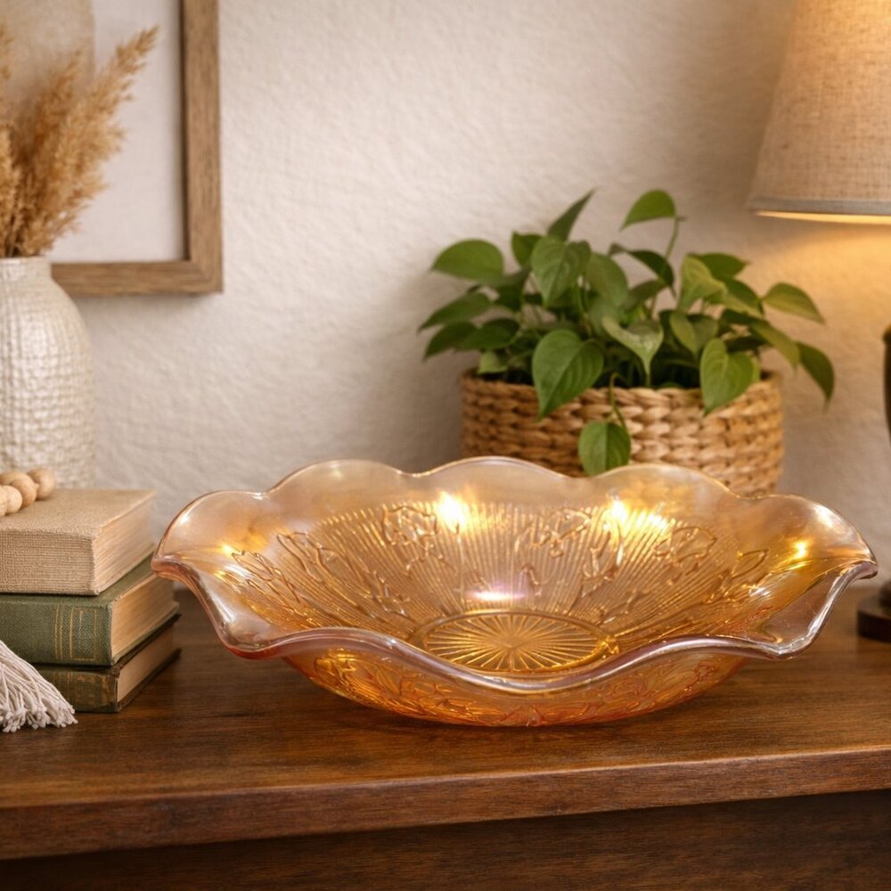 MCM Jeanette MARIGOLD IRIDESCENT CARNIVAL GLASS BOWL - Iris & Herringbone